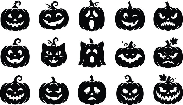 Halloween pumpkin faces silhouettes set  various spooky and funny expressions  jack o lanterns collection