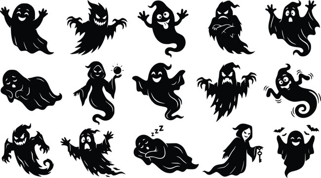 Halloween ghost characters in various poses and emotions on white background