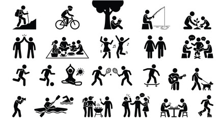 Collection Of Black Silhouette Icons Depicting Various Outdoor Activities And Leisure Pursuits Silhouette recreation icon set pictogram vector © Kamal