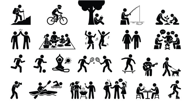 Collection Of Black Silhouette Icons Depicting Various Outdoor Activities And Leisure Pursuits Silhouette recreation icon set pictogram vector