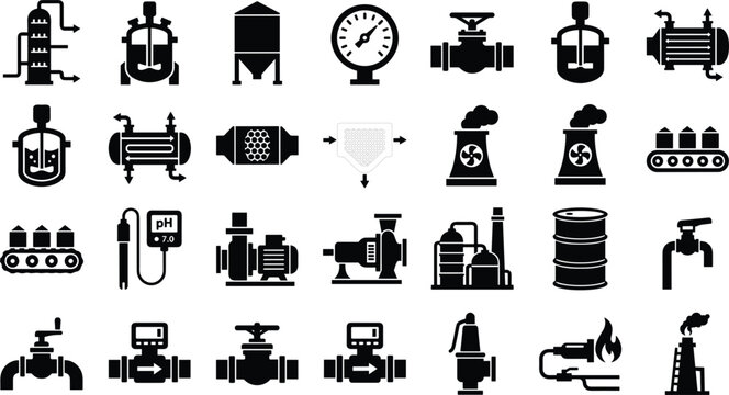 Chemical engineering industrial plant manufacturing machinery and refinery equipment solid black glyph icons set vector design