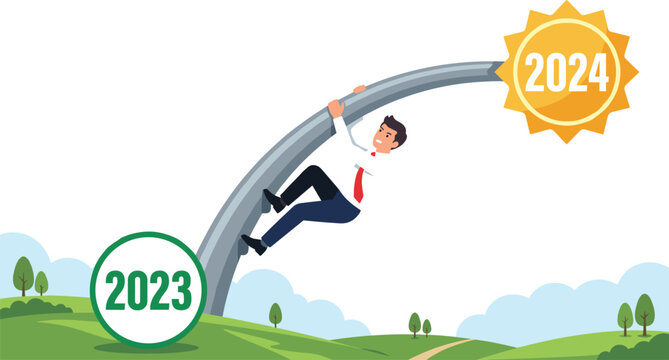 Businessman Climbing Arch Bridge from Year 2023 to 2024 Vector Illustration for New Year Business Goals, Future Strategy Planning, and Corporate Milestone Transition Banner Designs