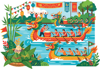 Chinese Dragon Boat Race Competition Illustration, Duanwu Festival Teams Paddling with Zongzi Flat Vector © Creative Studio