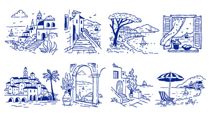 Fototapeta premium Set of 8 hand-drawn Mediterranean coastal town sketches with sea views and village architecture, blue ink line art for travel branding and apparel.