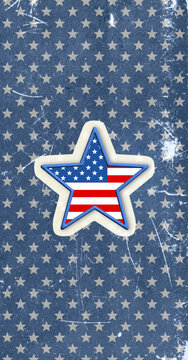 Vertical background in USA flag color and star symbol on old blue textured wall, 4th of july Independence Day vintage styled wallpaper, retro patriotic concept for american 250th anniversary holiday.