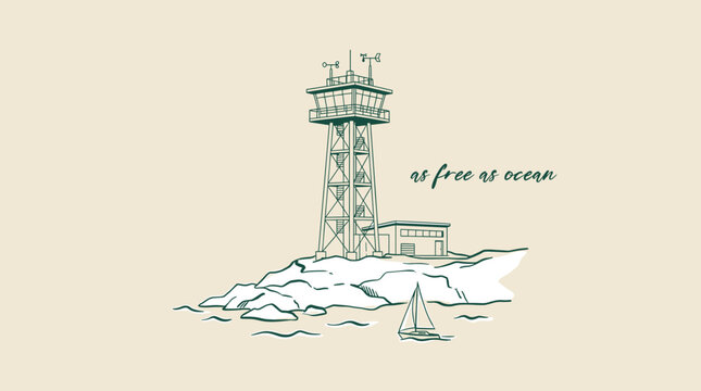 Minimalist retro coastal observation tower on rocky island with sailboat and free as ocean quote, line art vector for t-shirt design and wall art