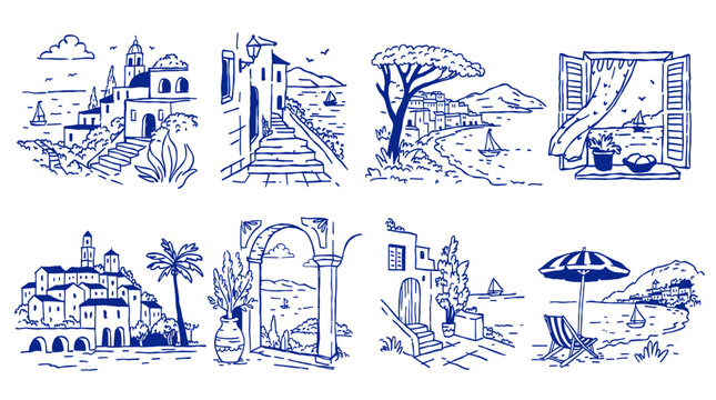 Set of 8 hand-drawn Mediterranean coastal town sketches with sea views and village architecture, blue ink line art for travel branding and apparel.