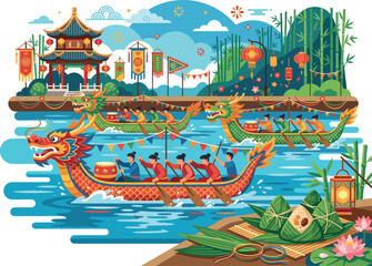 Chinese Dragon Boat Festival Scenic Illustration, Duanwu Racing Boats Bamboo Forest and Zongzi Flat Vector © Creative Studio