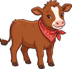 Obraz premium Cute Brown Baby Calf Cow Character Wearing Red Bandana Scarf Vector Illustration Isolated on White Background for Kids Farm Animal Prints and Nursery Mascot Designs