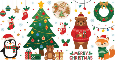 Naklejka premium Cute Christmas Element Collection with Tree Gingerbread Cookies and Winter Animals Vector Illustration Set for Holiday Greeting Cards, Gift Wrapping, and Festive Sticker Designs