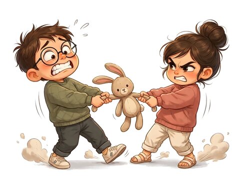 Cartoon illustration of a young brother and sister pulling a stuffed bunny toy, capturing the playful and mischievous sibling rivalry during traditional Raksha Bandhan celebrations.