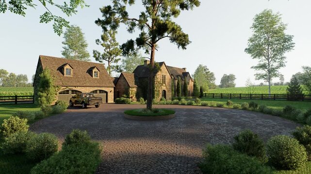 Beautiful stone estate with a large driveway and separate garage