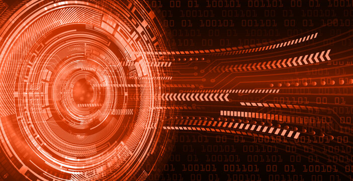 Dynamic red digital interface with concentric tech rings, circuit lines, arrows, and binary code. Abstract concept of fast data transfer and cyber systems.