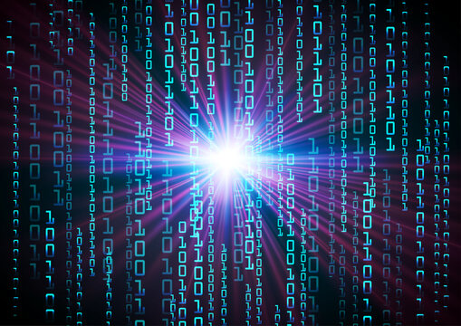 Abstract digital binary code background with glowing light burst, futuristic cyber technology and data concept.