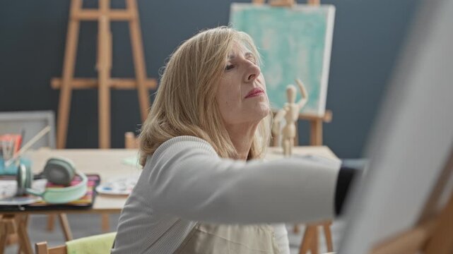 Middle aged woman painter in apron paints canvas with brush, hand steady at an easel in studio; focused quiet creativity.
