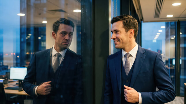 Confident businessman looking at his exhausted window reflection.