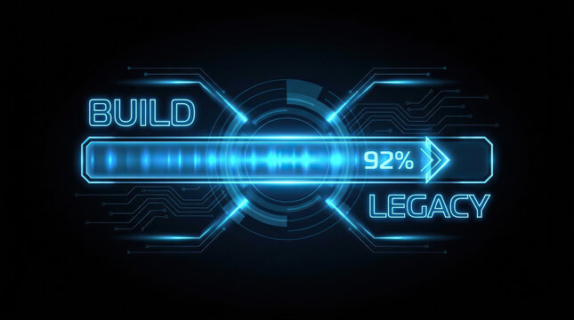 Build legacy progress bar glowing neon blue digital futuristic interface with 92 percent loading status and technology circuit background design