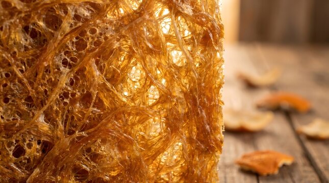 Close-up of Brittle Sugar Candy: Intricate strands of golden, spun sugar candy create a delicate, abstract texture, evoking sweetness and artisanal craftsmanship.