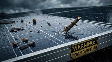 Naklejka premium Solar panel struck by debris during heavy rainstorm with warning sign showing risk of damage from falling objects, emphasizing vulnerability and environmental impact