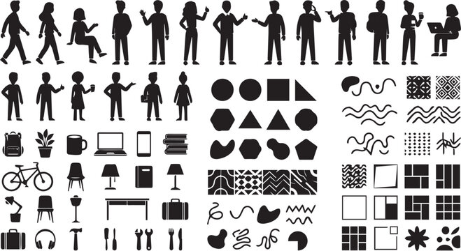 Set of Various Black Silhouette People, Objects, and Abstract Shapes Vector isolated PNG with Transparent Background