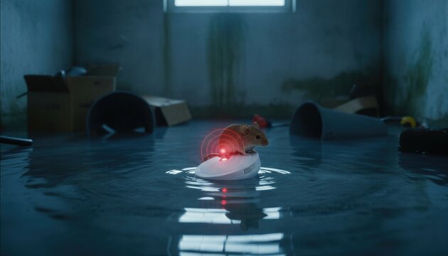 Leak detector floating in indoor floodwater with small mouse sitting on sensor. Smart home security device sensing emergency water pipe burst. Modern house protection and alert system.