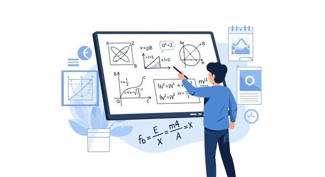 Male student solving complex math and physics formulas on interactive digital whiteboard for online education and STEM learning concept vector illustration