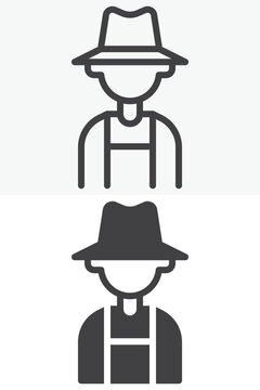 Farmer man avatar line outline and solid icon set with hat and overalls sign symbol. Editable stroke vector icon for agriculture worker profile, farm user, and character.