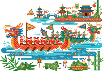 Chinese Dragon Boat Festival Illustration, Traditional Duanwu Racing Boat with Pagoda and Zongzi Flat Vector © Creative Studio