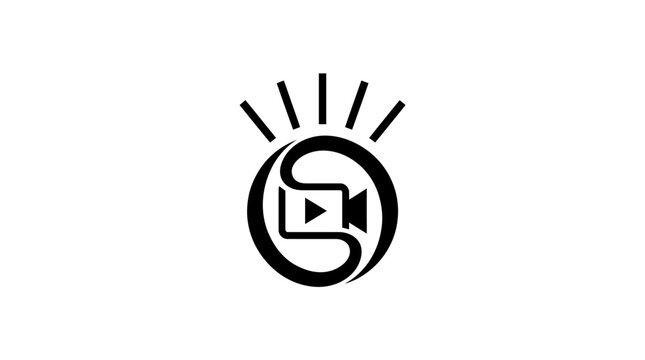 Black and white logo featuring a stylized 'S' shape encircling a video camera icon with radiating light beams above, representing media or production.