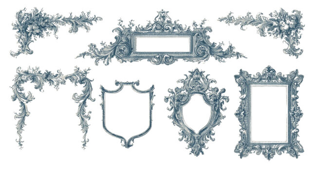 Borders showcasing intricate scrollwork and architectural flourishes create a versatile framework for digital projects that demand a high level of historical detail and artistic visual complexity.