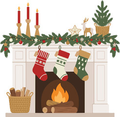 Festive white fireplace decorated with green garland hanging socks and burning fire logs. © Pixel Forge Studio