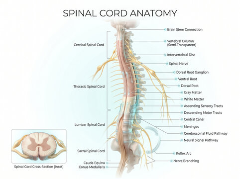 Detailed medical illustration showing the anatomy of the human spinal cord with labels and a cross section inset view included