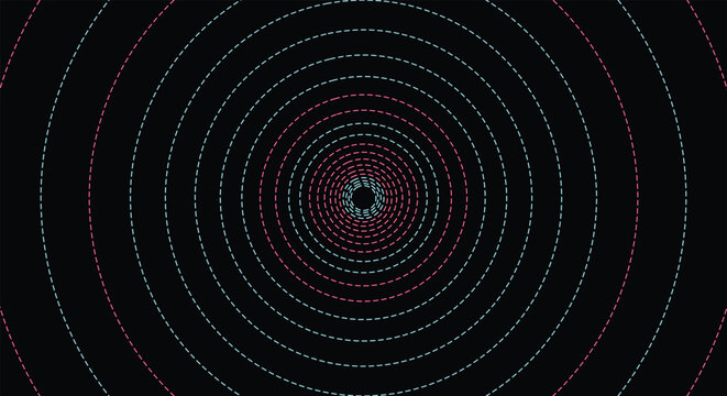 Neon concentric dotted circles background. blue and red dashed lines, glowing radar rings. for electronic music album covers, futuristic sci-fi game UI. seamless vector pattern art.