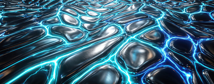 Abstract liquid metal voronoi pattern with glowing cyan channels.