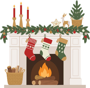Festive white fireplace decorated with green garland hanging socks and burning fire logs.