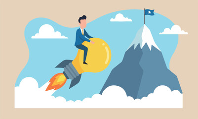 Fototapeta premium Creative uphill mountain peak success goal concept, happy smart businessman leader riding flying bright lightbulb lamp with rocket booster the cloud sky