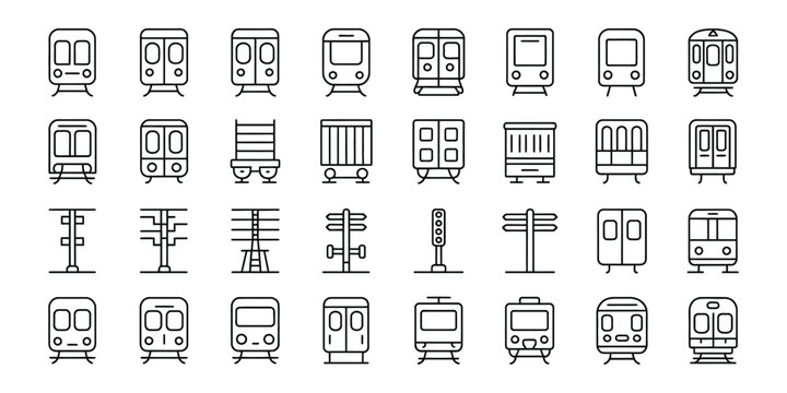 Railway Transport Icons Set &ndash; Train, Metro, Tram, Monorail and Railway Station Vector.