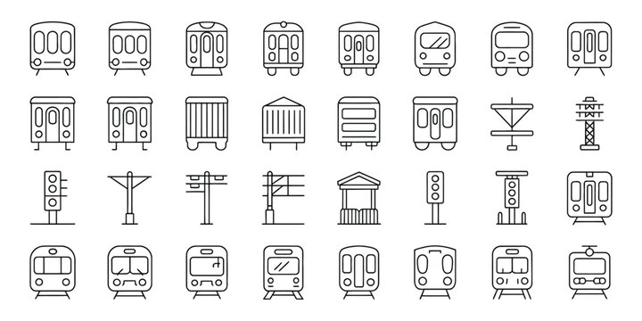 Railway Transport Icons Set &ndash; Train, Metro, Tram, Monorail and Railway Station Vector.