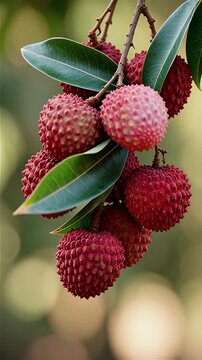 A cinematic macro closeup showcasing a ripe cluster of textured red lychee fruits hanging from a tree branch with green leaves, ideal for tropical agriculture and healthy culinary backgrounds.