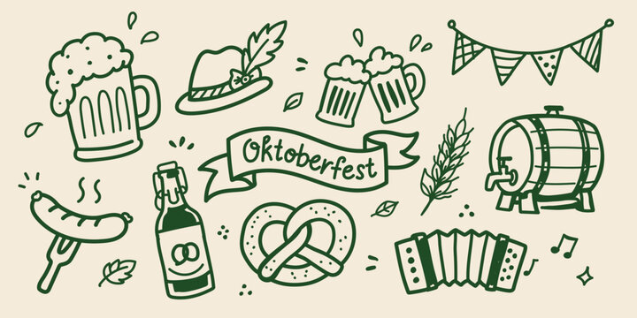Oktoberfest Beer Festival Hand Drawn Doodle Set Vector Illustration Featuring Beer Mug, Pretzel, Bavarian Hat, Sausage, Beer Barrel, Wheat, Accordion and German Celebration Icons