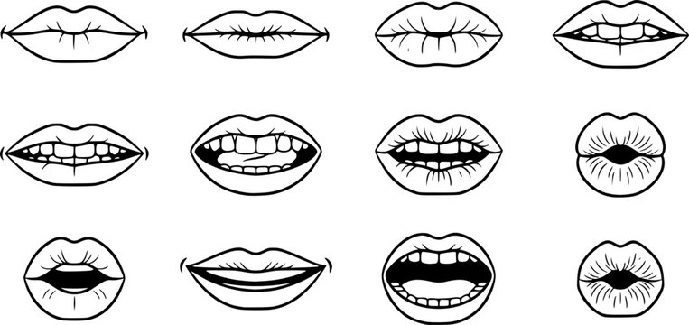 Mouth sound pronunciation. Lips phonemes animation, talking lips expressions, mouth speech sync pronounce vector isolated symbol set. Mouth speech english, speak sound and talk illustration
