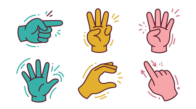 Colorful hand gestures for touch screen navigation icons.