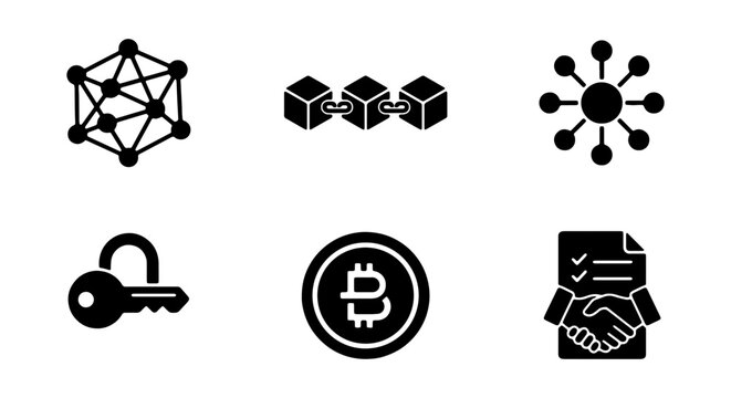 Blockchain Technology Icons: Network, Chain, Security, Bitcoin, Agreement