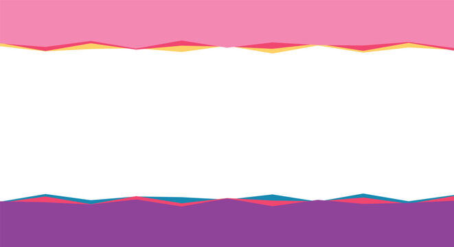 Wavy abstract frame artwork. pink purple and yellow layered horizontal edges, empty white center. for beauty vlog thumbnails, cute feminine presentations. flat vector background layout.