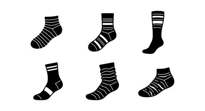 Striped Socks Vector Set, Black and White Footwear Collection, Casual Apparel Icons