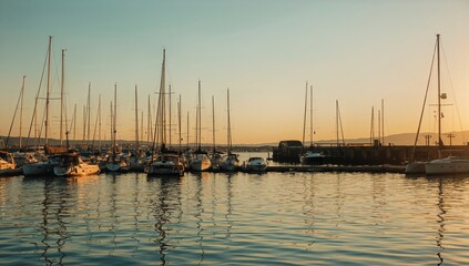 Fototapeta premium Sailboats Docked at Harbor During Sunset With Calm Waters in the Background
