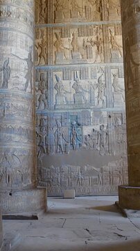 Dendera temple or Temple of Hathor. Painted columns with goddess faces and