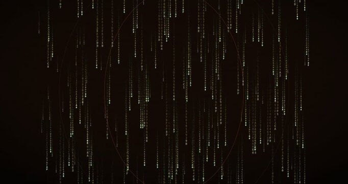 Animated matrix rain video features amber hexadecimal code symbols cascading slowly in layered parallax streams, forming a glowing tunnel with a neon cipher mood.