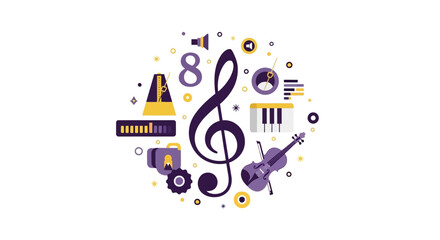 Fototapeta premium Music Production and Theory Concept with Treble Clef, Violin, Piano Keys and Audio Equipment Icons - Flat Vector Illustration on White Background