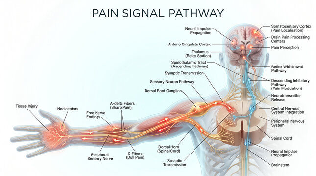 Detailed medical illustration showing the complex human pain signal pathway traveling from the hand through nerves to the brain centers